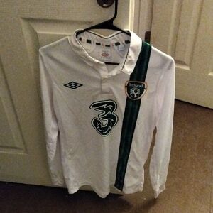 Umbro White Long Sleeve Football Jersey with Green Sash